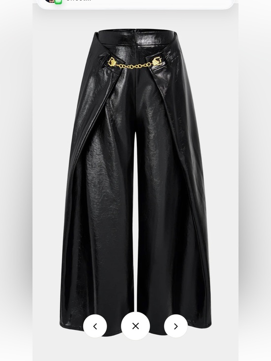 Micas Pants - Wide-Leg Black Faux-Leather Pants with Gold Chain Detail